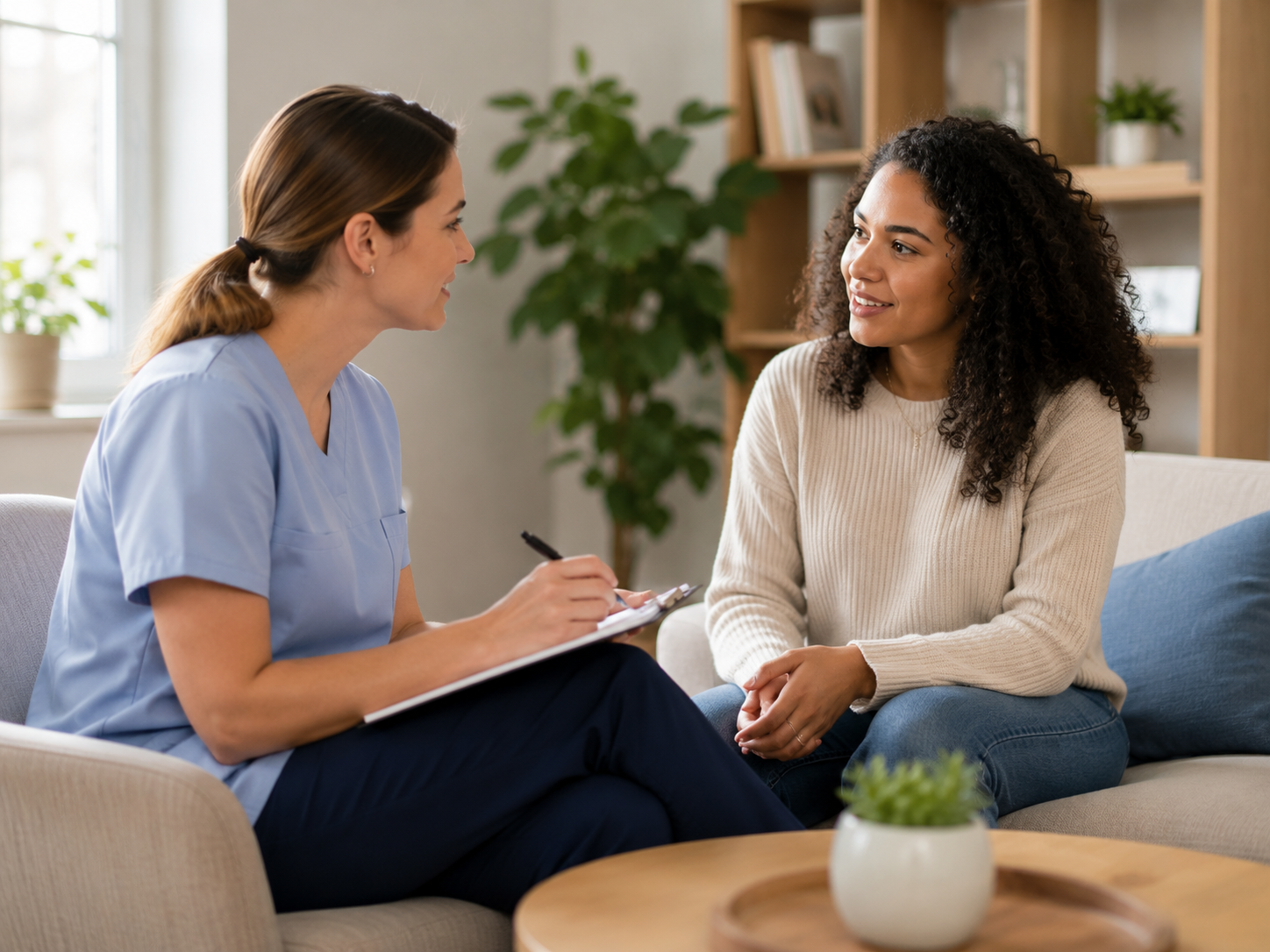 A caregiver in blue scrubs speaking warmly with an older woman in her home