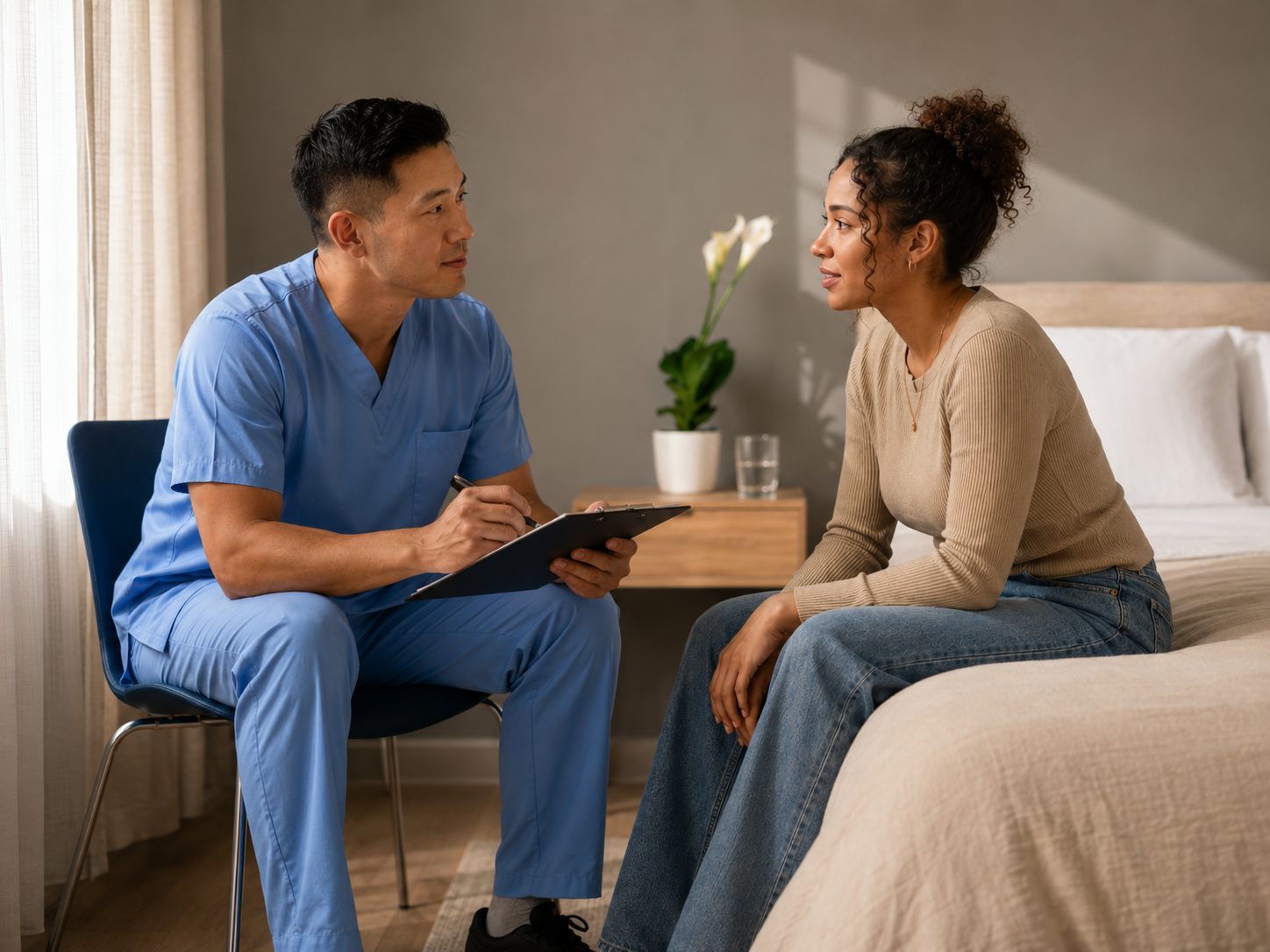 A support professional speaking with a young man across a table